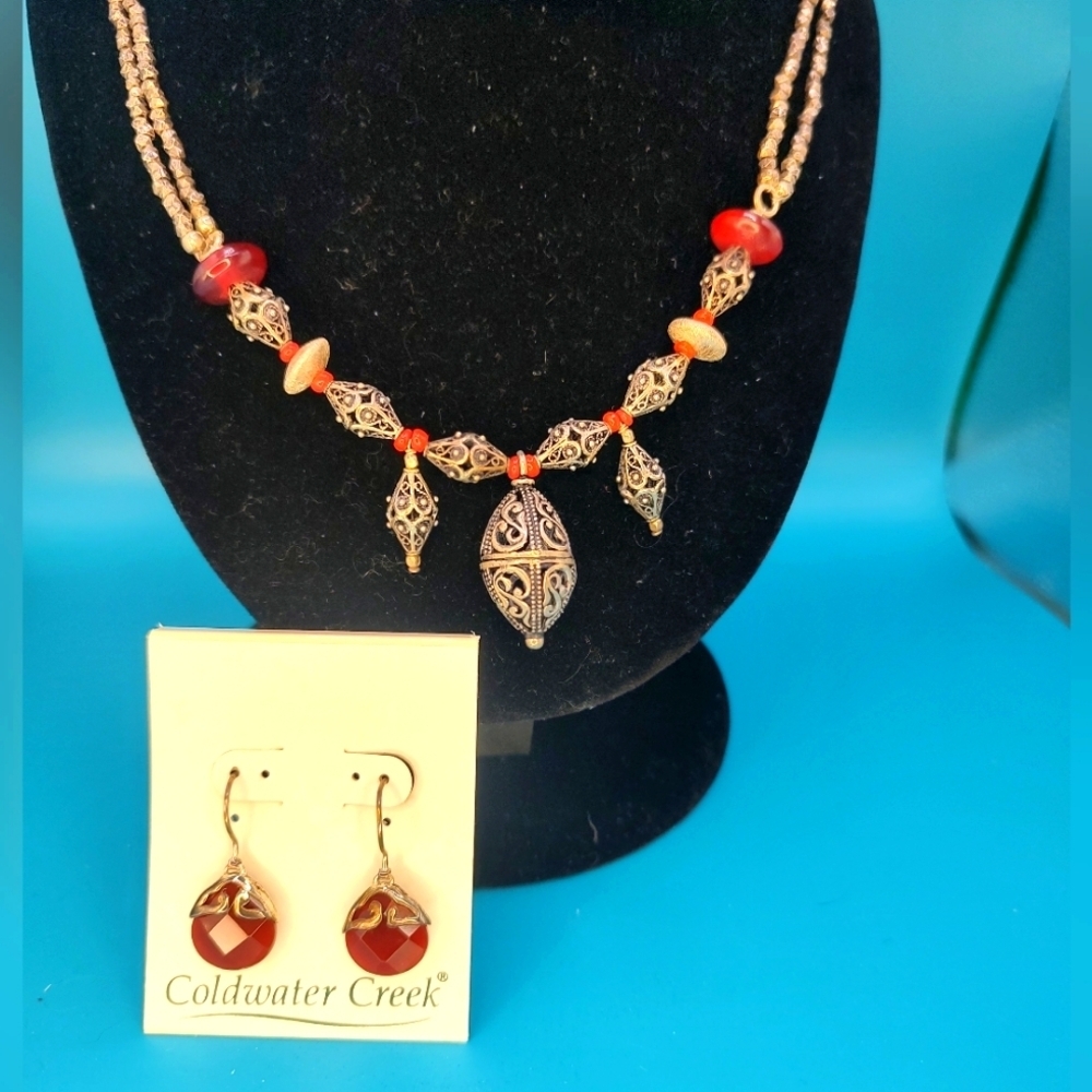 Coldwater Creek Bali Bead Droplet Genuine Stone Sterling Silver Set! NWT!